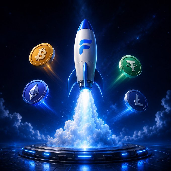 A 3D illustration of a PayPal rocket launching into space surrounded by various cryptocurrency coins including Bitcoin, Ethereum, Tether, and Litecoin against a starry cosmic background.