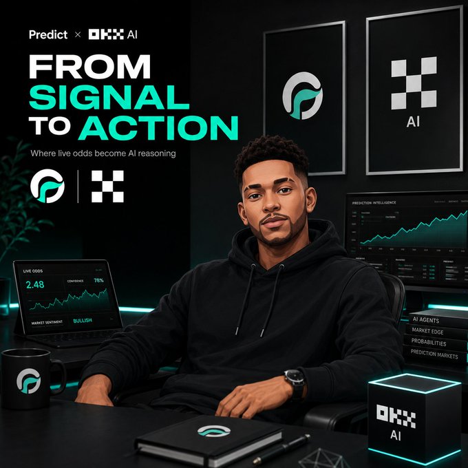 A promotional graphic for 'Predict × OKX AI' with the tagline 'FROM SIGNAL TO ACTION' featuring a man at a desk with live odds and prediction intelligence displays.