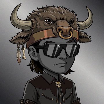 A digital illustration of a character with gray skin wearing a large, furry bull or ox headpiece with horns and a nose ring, along with dark sunglasses and a dark collared shirt.