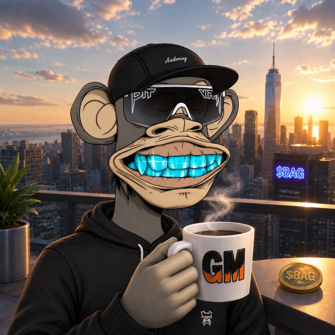 A digital illustration of a Bored Ape-style NFT character wearing sunglasses and a cap reading 'Audeming,' holding a 'GM' coffee mug with a '$BAG' token and neon sign in a city skyline background.