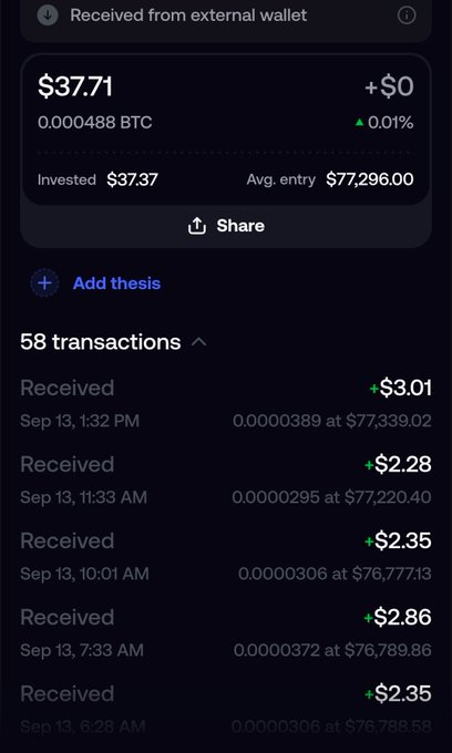 A cryptocurrency wallet screenshot showing a balance of $37.71 (0.000488 BTC) with 58 received transactions from an external wallet.