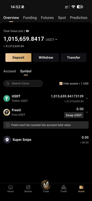 A cryptocurrency trading app screenshot showing an account with a total value of 1,015,659.84 USDT, featuring tabs for Overview, Funding, Futures, Spot, and Prediction, along with holdings in USDT and FreeU tokens. The image's substantial USDT balance aligns with the post's bullish sentiment about returning to trading after being "sidelined too long," ready to deploy capital on Bitcoin.