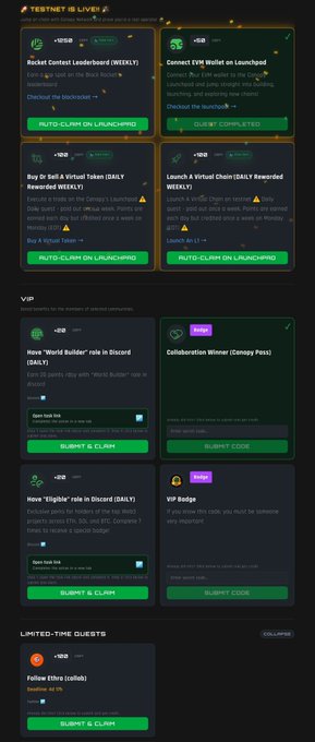 A dark-themed 'TESTNET is LIVE!' page shows various quests with 'SUBMIT & CLAIM' buttons, including 'Rocket Contest Leaderboard (WEEKLY)', 'Connect EVE Wallet on Launchpad', and Discord role claim tasks.