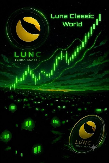 A dark green and black promotional poster for 'Luna Classic World' (LUNC / Terra Classic) featuring a rising candlestick chart and coin logos.
