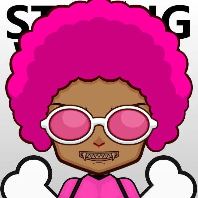 Cartoon character with a large pink afro, pink round sunglasses, dark skin, and pointed teeth, with the word "STAKING" partially visible in the background.