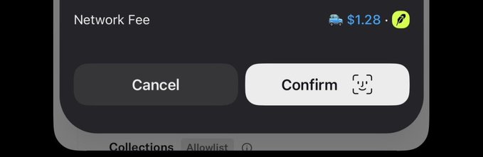 A close-up of a digital confirmation prompt showing a 'Network Fee' of $1.28 with 'Cancel' and 'Confirm' buttons.