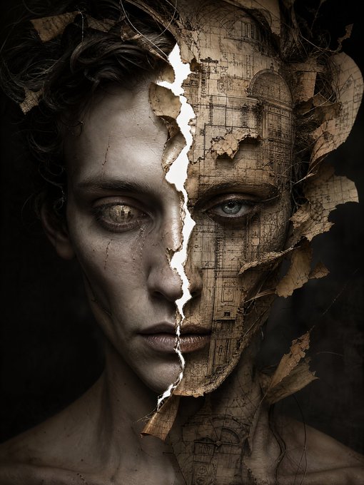 The image features a person with a face split into two halves, revealing their innermost thoughts or emotions. The left half shows only the eyes and nose, while the right half displays the entire face, including the mouth area. The background of the image is black, which contrasts with the white elements on the face, making them stand out even more. The caption below the image reads "The Architect of Oblivion #hedra_labs to explore the surreal intersection of identity and blueprint".