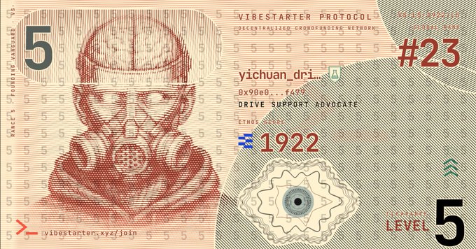 A custom-designed banknote-style graphic featuring a person wearing a gas mask, with text including 'VIBESTARTER PROTOCOL', 'yichuan_dri_', '1922', '#23', and 'LEVEL 5'.