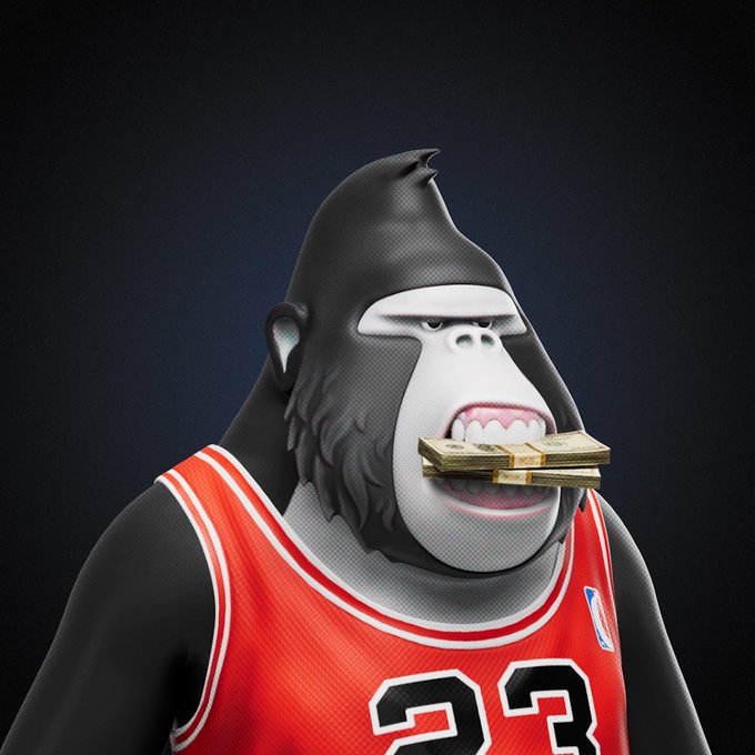 A 3D rendered gorilla wearing a red basketball jersey with the number 23 holds a stack of cash between its teeth against a dark background.