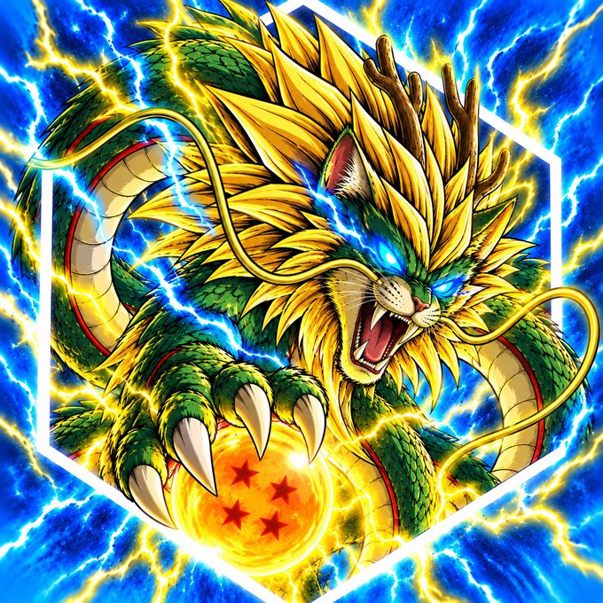 An illustration of a fierce green and yellow dragon-like creature with glowing blue eyes holding a four-star Dragon Ball, surrounded by lightning.