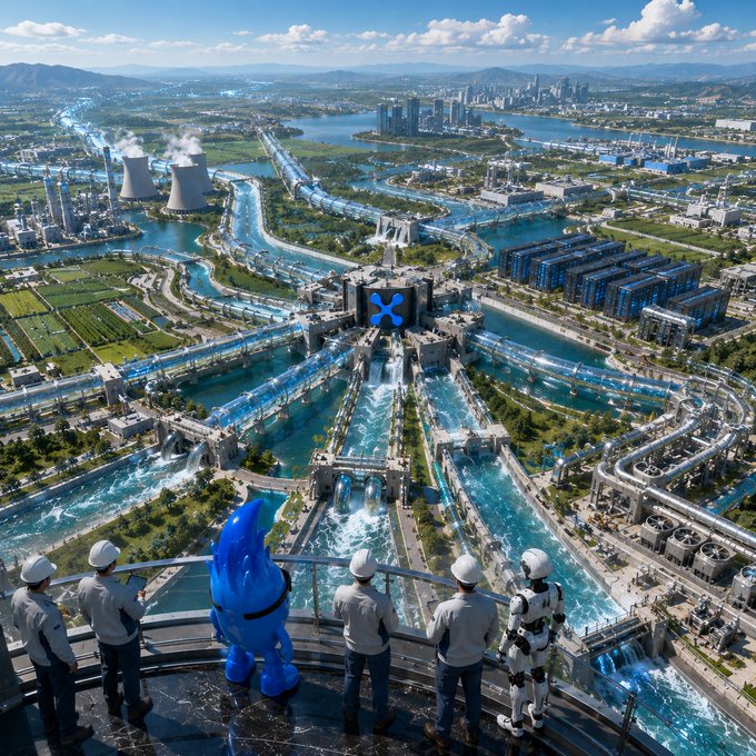 A futuristic aerial view shows workers and a robot standing on a high platform, overlooking a vast network of waterways, pipelines, and industrial facilities converging toward a glowing blue "X" emblem, symbolizing a powerful new infrastructure hub. The blue X logo at the center of the cityscape mirrors the token ticker referenced in the post, representing a vast new ecosystem whose launch is just the beginning of a much larger vision.