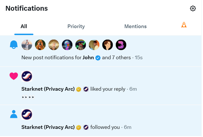 A Notifications panel showing new post notifications for John and 7 others from 15 seconds ago, along with recent interactions from Starknet (Privacy Arc) who liked your reply and followed you 6 minutes prior. The notifications from Starknet connect to the post celebrating a mutual follow with the project while building Bitcoin DeFi connections.