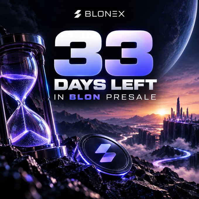 A promotional graphic for 'BLONEX' showing '33 DAYS LEFT IN BLON PRESALE' alongside an hourglass and a glowing blue coin against a futuristic landscape.