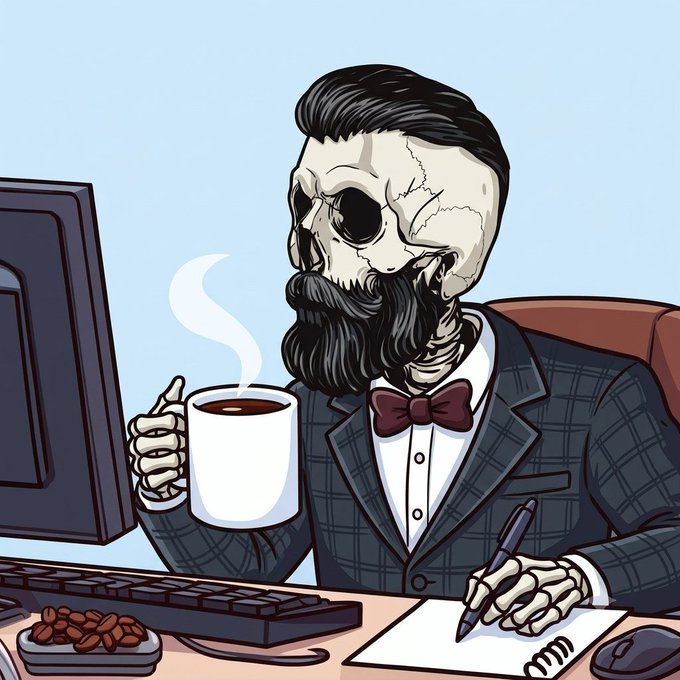 The image features a skeleton wearing a suit and tie holding a cup of coffee while sitting at a desk with a computer monitor behind him. The skeleton appears to be writing something down or working on a task, as there are also some books visible near his workspace. The caption "gm degens locked in again" suggests that the skeleton is engaged in work-related activities and has been locked into this position for an extended period of time.