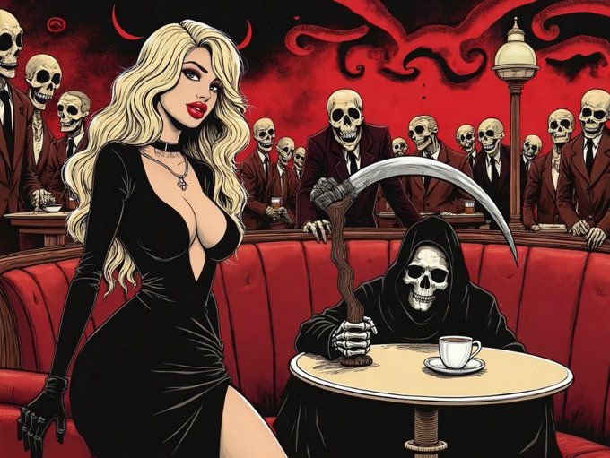 The image features a woman with blonde hair wearing a black dress, sitting at a table with a cup of coffee. She has a skull-shaped spoon or ladle behind her head, which she uses as a hat. The background shows several people dressed in suits and ties, suggesting that they are attending an event or gathering. There is also a post on social media related to the image titled "Push your wishes to next year... But don' forget - I am always near..."