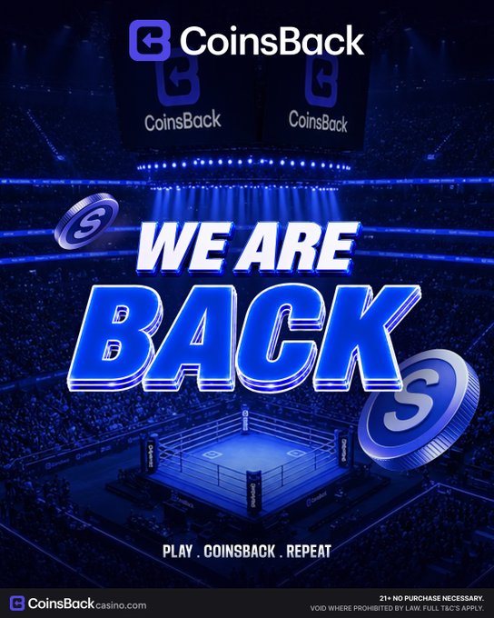 A promotional graphic for 'CoinsBack casino.com' features the slogan 'WE ARE BACK' and 'PLAY . COINSBACK . REPEAT' over a boxing ring arena background, with a disclaimer '21+ NO PURCHASE NECESSARY. VOID WHERE PROHIBITED BY LAW. FULL T&C'S APPLY.'
