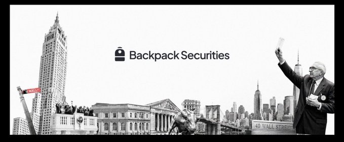 The image features a black and white photo of a city skyline with a man standing at the top holding a book, possibly reading or taking notes about the city's history. The text "Backpack Securities" is displayed above the man, indicating that this is related to Backpack Securities' new platform called Backpack Securities.