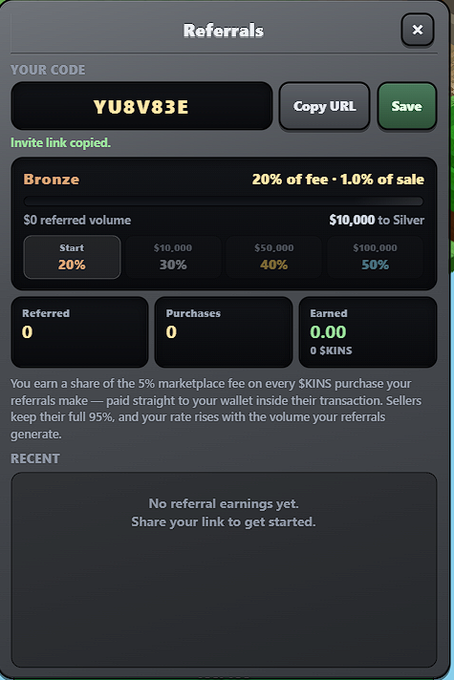 A 'Referrals' panel showing a user code 'YU8V83E' with options to Copy URL/Save, displaying Bronze tier rewards (20% of fee, 1.0% of sale) with 0 referred users, 0 purchases, and $0.00 earned, explaining users earn 5% marketplace fee share on referrals' SKINS purchases.