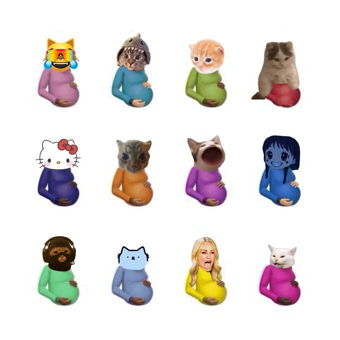 This image showcases a collection of pregnant figures with various cat faces Photoshopped onto them, promoting the addition of cat memes on gmichi.meme and gmichi.com, which includes $MICHI.