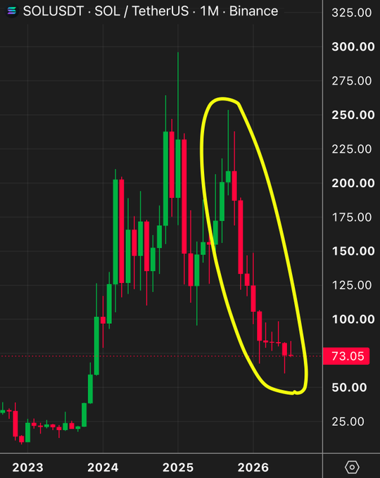 A monthly candlestick chart of SOL/USDT on Binance shows Solana's price collapsing from a peak near $295 in early 2025 down to $73.05, with the yellow circle highlighting roughly 10 months of sustained red candles depicting nonstop selling pressure and capitulation.