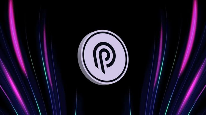 A circular white and black logo with a stylized 'P' is centered against a dark background with neon pink and blue light streaks.