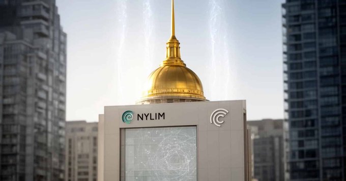 A golden-domed building bearing the "NYLIM" logo, representing New York Life Investment Management, rises amid modern skyscrapers — visually anchoring the quote from Thomas Sy of NYLIM about blockchain's role beyond traditional tokenization.