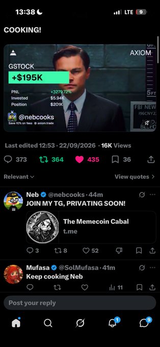 A screenshot of an X (Twitter) post from @nebcooks showing a trading interface titled 'COOKING!' with a 'GSTOCK' position up '+327972%' at '+195K', featuring an image of a man in a suit.