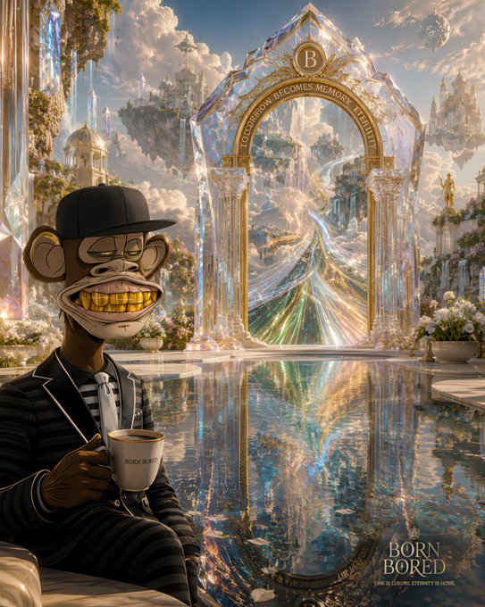 A stylish Bored Ape character in a pinstripe suit sips from a coffee cup beside a reflective pool, set against a fantasy landscape featuring an ornate archway inscribed with "TO THE MOON BECOMES MEMORY" and a "B" emblem, with "BORN BORED" branding in the corner. The serene, luxurious scene complements the post's message of flowing with the Web3 current rather than forcing it, embodying calm confidence for a productive Thursday.