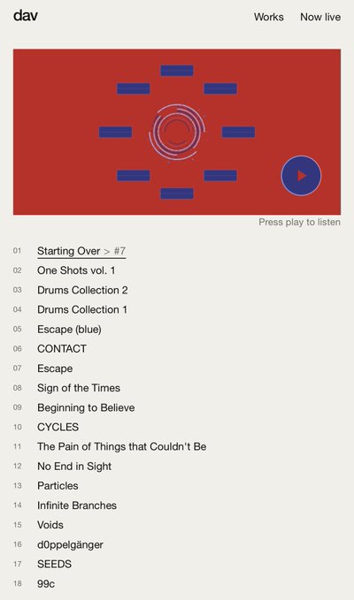 A music website showing the artist 'dav' with an album cover featuring a red and blue geometric design, a play button, and a tracklist including songs like 'Starting Over > #7', 'One Shots vol. 1', and 'Particles'.