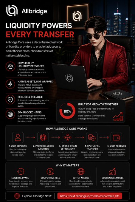 An infographic for Allbridge Core explaining its decentralized network for cross-chain liquidity transfers, featuring a person on a laptop and details on 'Liquidity Powers Every Transfer' and 'How Allbridge Core Works'.