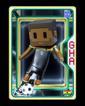 The image features a small 3D model of a soccer player wearing black shorts and a black jersey with red and yellow stripes. The player has his leg extended forward, kicking a white soccer ball that is positioned near him. The background of the image is black, which contrasts with the colorful soccer ball and the player's outfit. There are no other objects or texts in the image besides the soccer player and the ball.