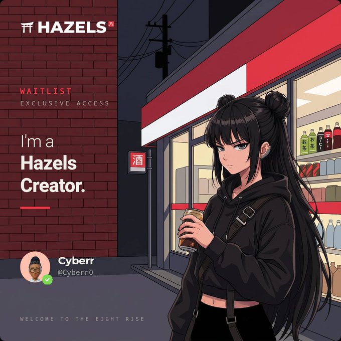 Promotional graphic for 'HAZELS' featuring an anime-style character with long black hair holding a coffee cup, with text reading 'WAITLIST EXCLUSIVE ACCESS', 'I'm a Hazels Creator', 'Cyberr @Cyberr0_', and 'WELCOME TO THE EIGHT RISE'.