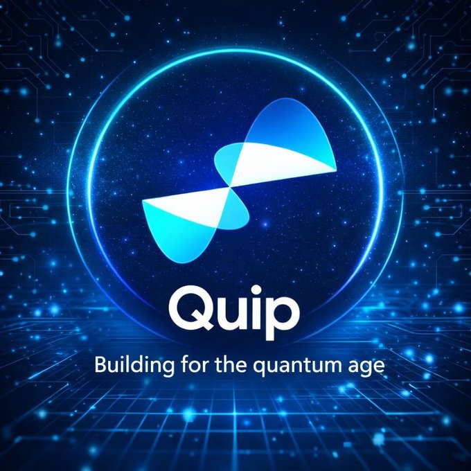 The image features a blue logo with a white arrow pointing towards the word "quip" written in white letters, which is the main focus of the image. The background of the image is filled with stars and neon lights, creating an otherworldly atmosphere. Below the logo, there's text that reads "Building for the Quantum age". This phrase suggests that Quip is a platform or service designed to help people build and share knowledge about the latest advancements in technology and science.