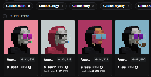 A screenshot of an NFT marketplace displaying a collection called 'Cloak' with pixelated avatars tagged 'Argo...' and 'Ivy...', priced between 0.9551 ETH and 1.00 ETH.