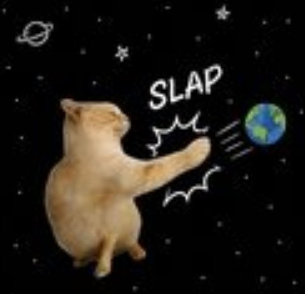 A meme showing an orange cat in space appearing to slap Earth, with the word 'SLAP' written in white text amid drawn stars and a planet.