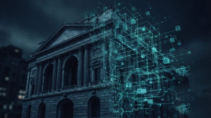 A dark, classical bank building is partially overlaid with glowing, circuit-like digital patterns that dissolve outward into the night sky. The image visually conveys the post's point about tokenization shifting financial risk from traditional bank infrastructure to code-based smart contracts—juxtaposing a century-old institution of centralized finance against the decentralized, blockchain-driven future of tokenized assets.