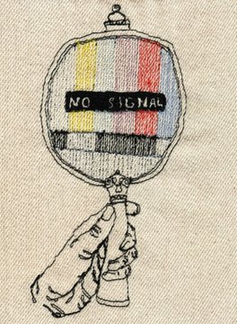 A hand-drawn sketch on textured paper depicting a hand holding a round, test-pattern style sign that reads 'NO SIGNAL' in black text across colored vertical stripes.