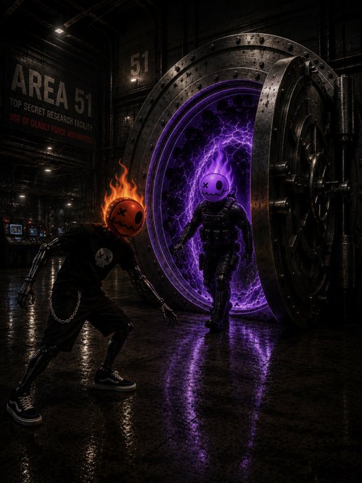 A digital artwork showing two humanoid figures with stylized heads—one with a flaming orange face and one with a purple smiley face—standing in a dark industrial facility marked 'AREA 51 TOP SECRET RESEARCH FACILITY' near a glowing purple portal.