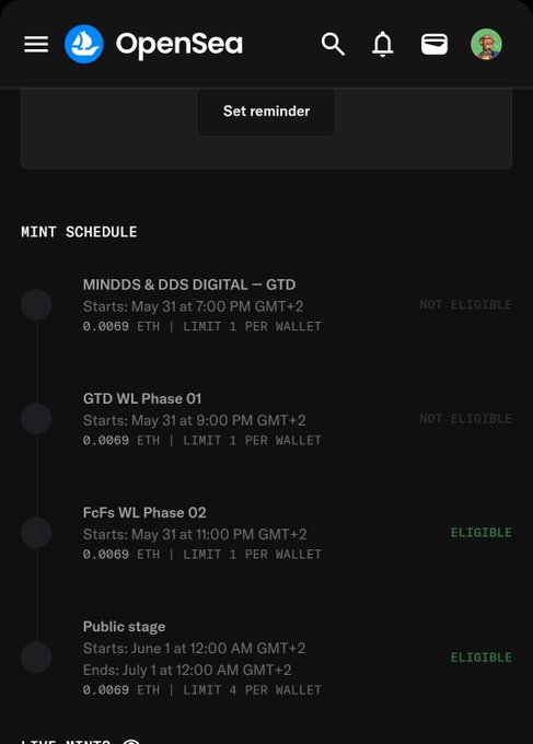 The image shows a phone screen displaying a list of items, including the FCFS (First-In-First-Out) schedule for minting new coins. The user has been notified that they are on the FCFS list, which means they will be able to mint in this phase. However, there is also an email notification about setting reminders, indicating that the user should pay attention to these reminders to ensure they don't miss any important updates or deadlines related to their coin mining activities.