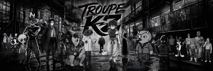 The image is a black-and-white promotional banner for the anime "Troupe KC," featuring various characters from different series standing together under stylized text. The post likely refers to fans of these shows being used as "exit liquidity" by investors cashing out, contrasting the diverse fanbase shown with the cynical financial implication.