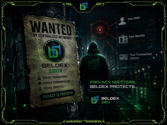 A promotional graphic for BELDEX $BDX featuring a 'WANTED BY CENTRALIZED NETWORKS' poster and a hooded figure, highlighting features like private transactions and digital identity.