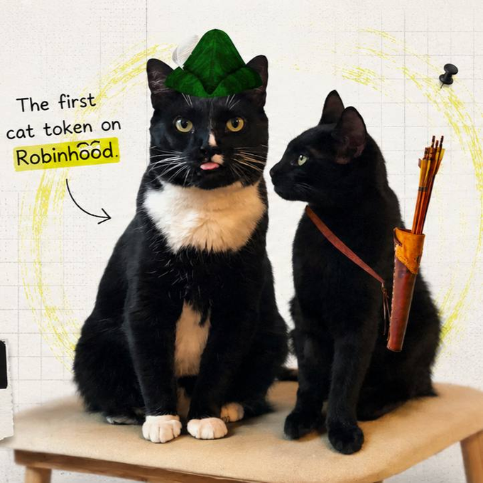 The image features two tuxedo cats dressed as Robin Hood and his companion, with the left cat wearing a green feathered hat and the right cat carrying a quiver of arrows, while handwritten text reads "The first cat token on Robinhood" with an arrow pointing to the hat-wearing cat. This playful illustration ties into the post's claim that $MEWOOD holds the distinction of being the first cat token on RobinhoodCrypto and noxa_fi, using the iconic Robin Hood imagery to reinforce the brand's pioneering status in the space.