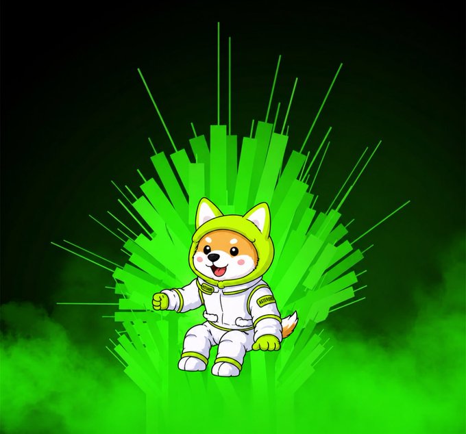 A cartoon Shiba Inu dog dressed in a white spacesuit with green cat-eared helmet accents floats joyfully against a dynamic green burst of light and misty atmosphere, evoking a space-launch aesthetic. The image's cosmic, "lifting off" vibe pairs with the post's "$ASTEROID" reference, symbolizing a crypto token's journey "leaving the ground" toward new heights.