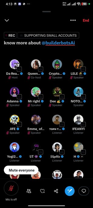 A screenshot of a Twitter Space recording titled "SUPPORTING SMALL ACCOUNTS" discussing @builderbotsAI, showing a grid of speakers and listeners with mic off and mute options.