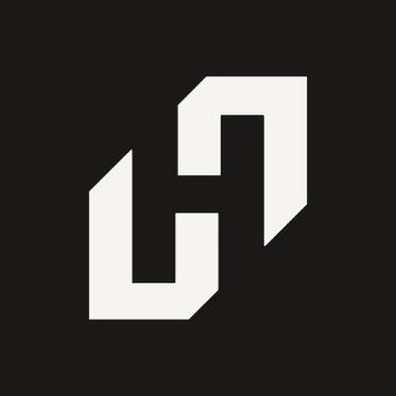 A minimalist white geometric logo resembling interlocking blocks on a black background.