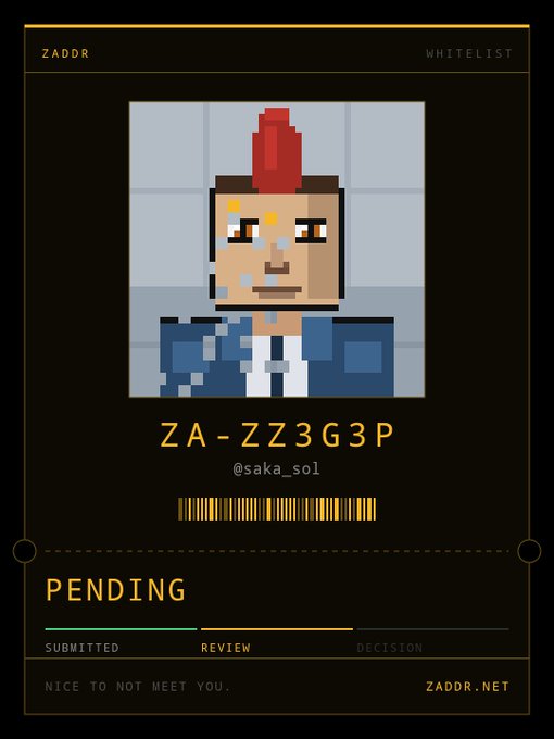 A pixel art digital pass or NFT from ZADDR showing a character with a red mohawk, code ZA-ZZ3G3P, handle @saka_sol, and a 'PENDING' review status.