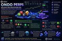 Omdo Perps promotional infographic in Vietnamese explaining perpetual contracts on Binance, featuring a 20X leverage graphic, trading pairs list, and educational steps for beginners.