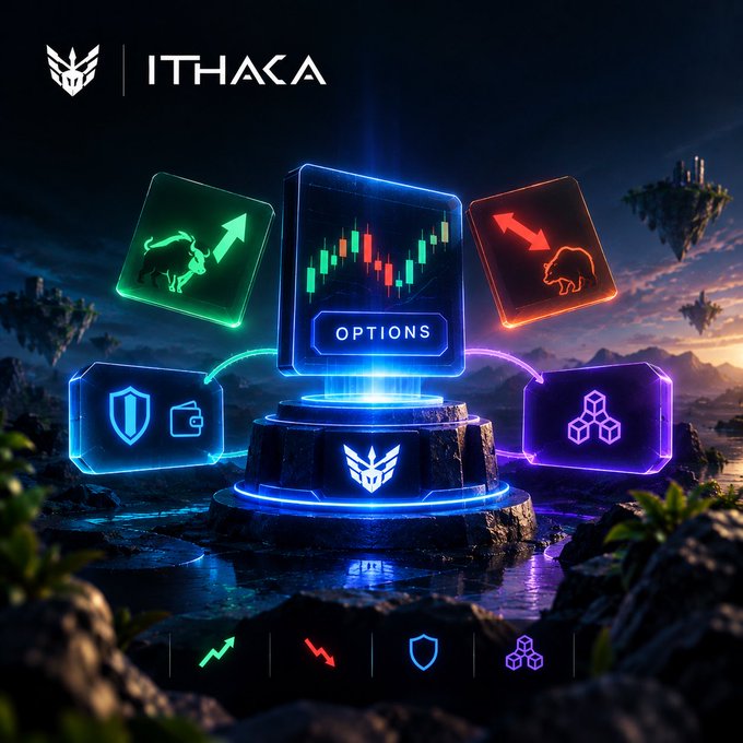 A glowing "OPTIONS" chart at the center is flanked by four holographic panels—bullish (green bull), bearish (red bear), risk protection (shield/wallet), and hedging (cubes)—visually mapping the directional flexibility and risk management strategies referenced in the ITHAKA-branded caption.