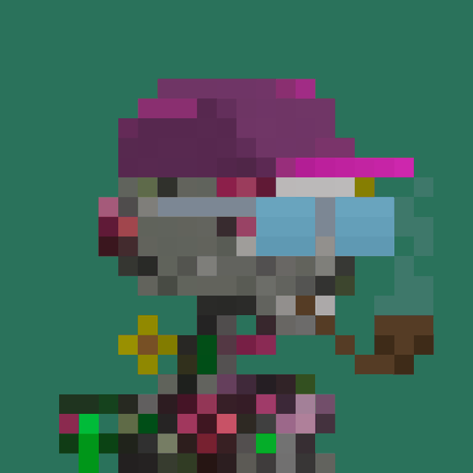 A pixel art character with a magenta cap, blue visor helmet, and colorful body is displayed against a green background, representing Argonaut #2310 from the NFT collection. The image serves as the visual artwork for the token that sold for 0.64 ETH to shatt.eth, as noted in the accompanying post linking to argonauts.musefacktory.com/argonaut/2310.
