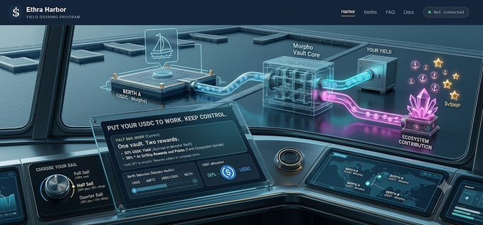 A sleek cockpit-style dashboard for "Ethra Harbor," a yield-staking program by the Ethra Ship ecosystem, features glowing holographic displays tracking $BSC Morpho Vault Core, $vShip, and Morpho Vault Core flows, with a central terminal reading "PUT YOUR USDC TO WORK. KEEP CONTROL" and showing a Morpho Selected Token Ratio of 50% $BSC / 50% USDC. The sci-fi interface visually reinforces the post's message of bringing transparency and real-world structure to stablecoin yield, contrasting with opaque "black-box" vaults by showcasing connected, visible DeFi mechanics.